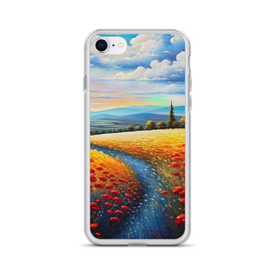 Feld mit roten Blumen und Berglandschaft - Landschaftsmalerei - iPhone Schutzhülle (durchsichtig) berge xxx iPhone 7/8