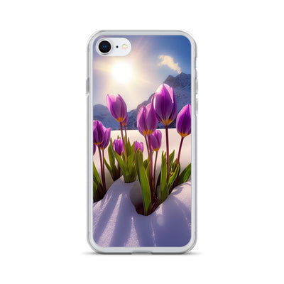 Tulpen im Schnee und in den Bergen - Blumen im Winter - iPhone Schutzhülle (durchsichtig) berge xxx iPhone 7/8