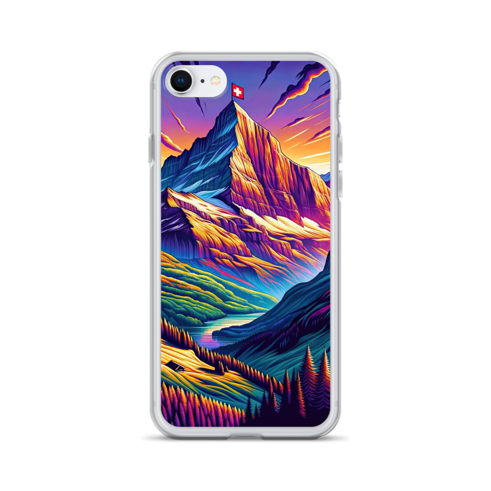 Bergpracht mit Schweizer Flagge: Farbenfrohe Illustration einer Berglandschaft - iPhone Schutzhülle (durchsichtig) berge xxx yyy zzz iPhone 7/8