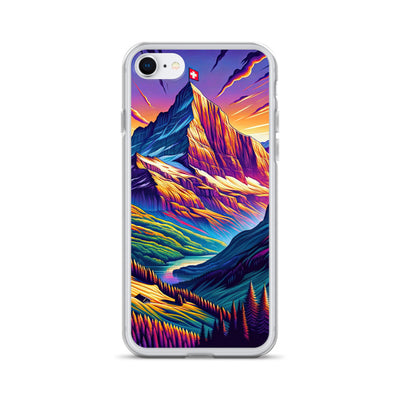 Bergpracht mit Schweizer Flagge: Farbenfrohe Illustration einer Berglandschaft - iPhone Schutzhülle (durchsichtig) berge xxx yyy zzz iPhone 7/8