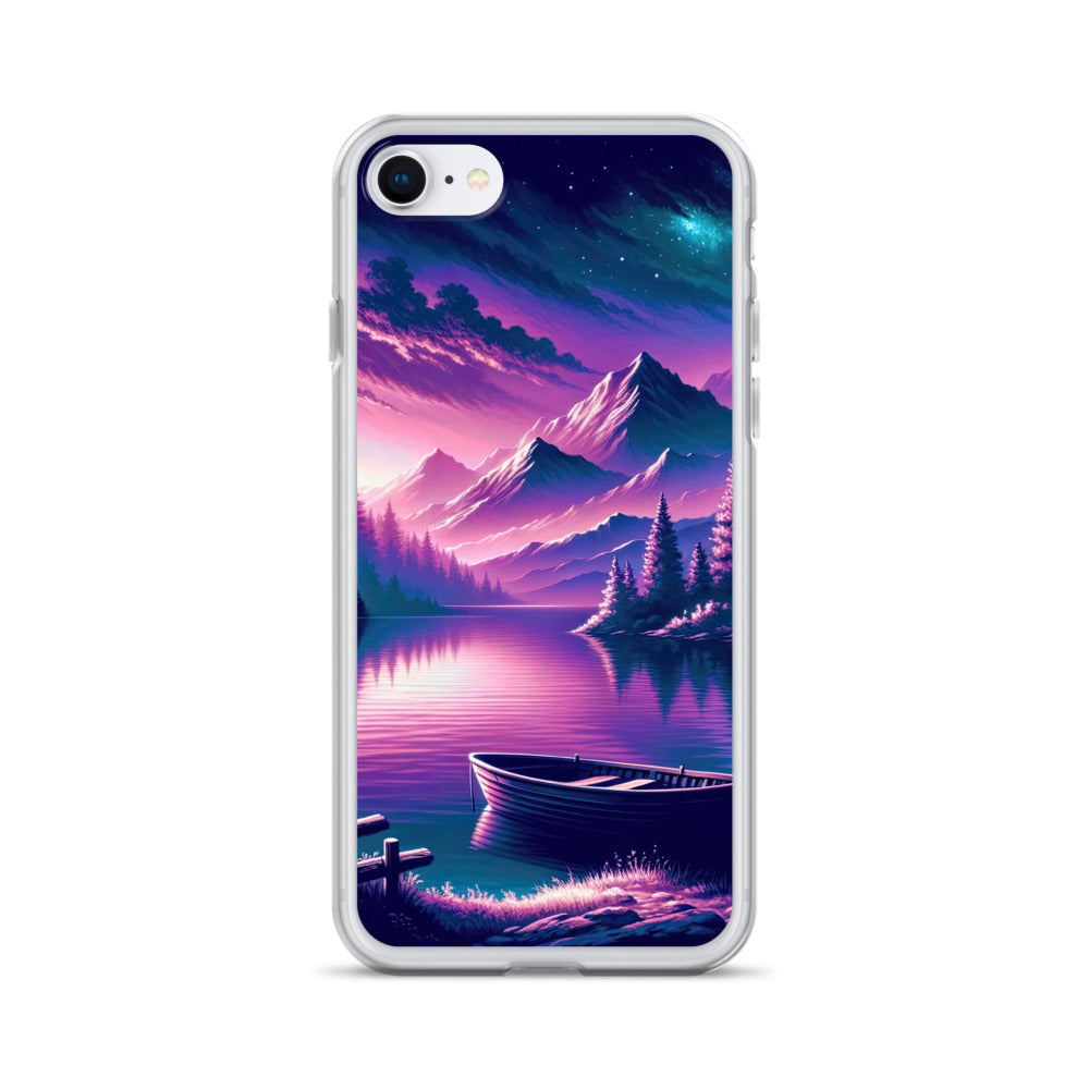 Magische Alpen-Dämmerung, rosa-lila Himmel und Bergsee mit Boot - iPhone Schutzhülle (durchsichtig) berge xxx yyy zzz iPhone 7 8
