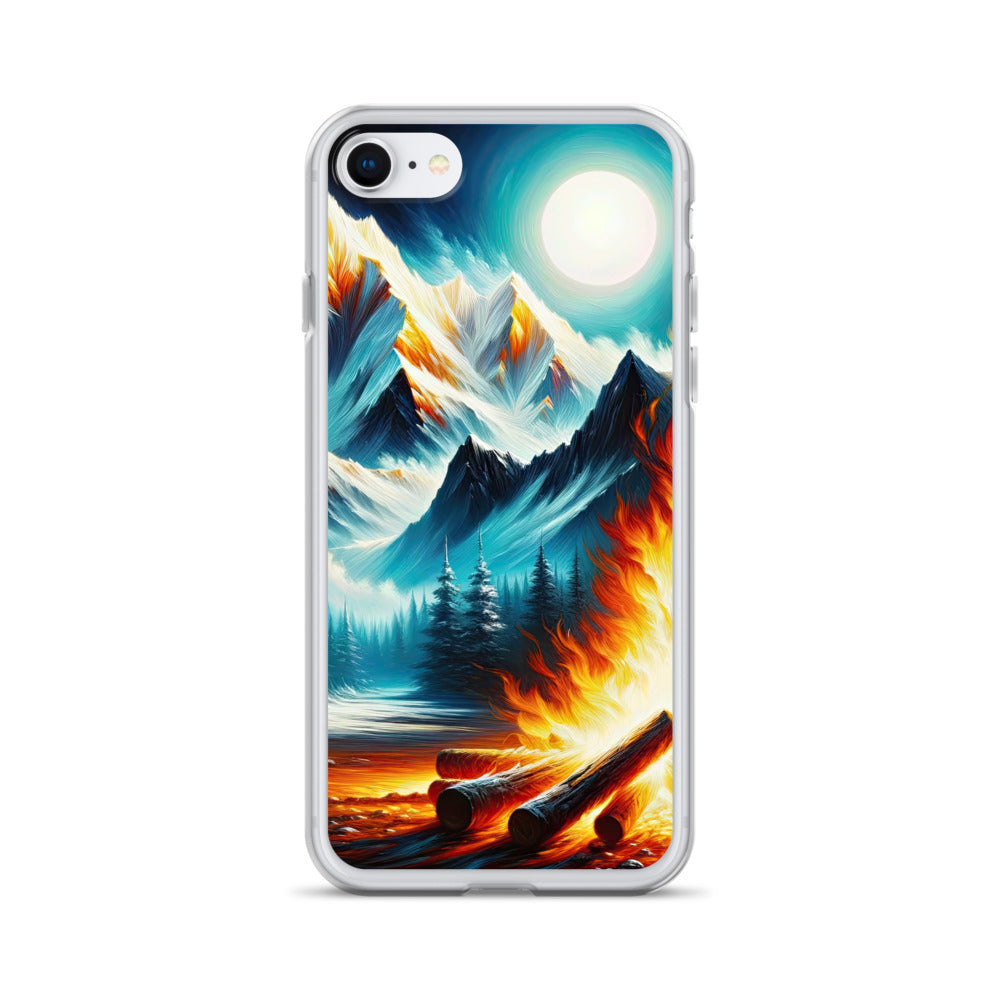 Ölgemälde von Feuer und Eis: Lagerfeuer und Alpen im Kontrast, warme Flammen - iPhone Schutzhülle (durchsichtig) camping xxx yyy zzz iPhone 7 8