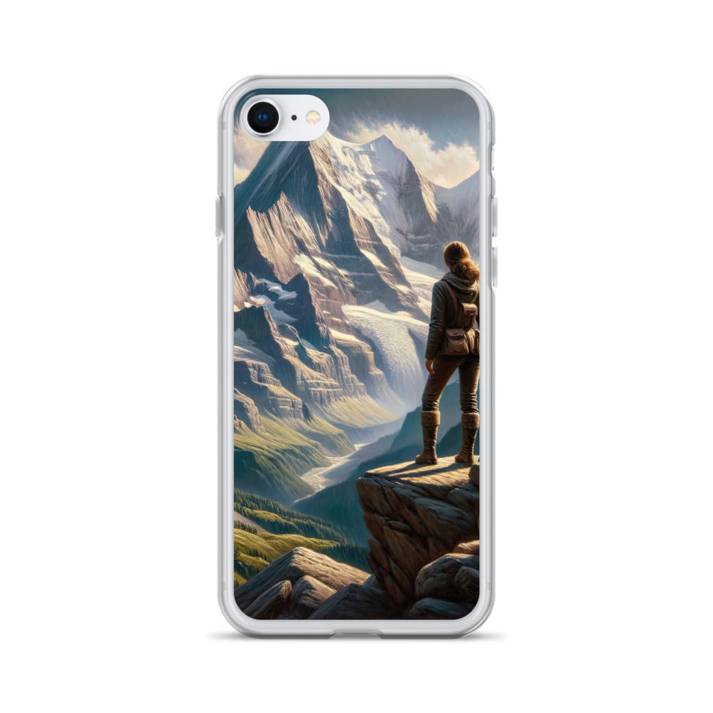 Ölgemälde der Alpengipfel mit Schweizer Abenteurerin auf Felsvorsprung - iPhone Schutzhülle (durchsichtig) wandern xxx yyy zzz iPhone 7 8