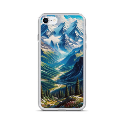 Panorama-Ölgemälde der Alpen mit schneebedeckten Gipfeln und schlängelnden Flusstälern - iPhone Schutzhülle (durchsichtig) berge xxx yyy zzz iPhone 7/8
