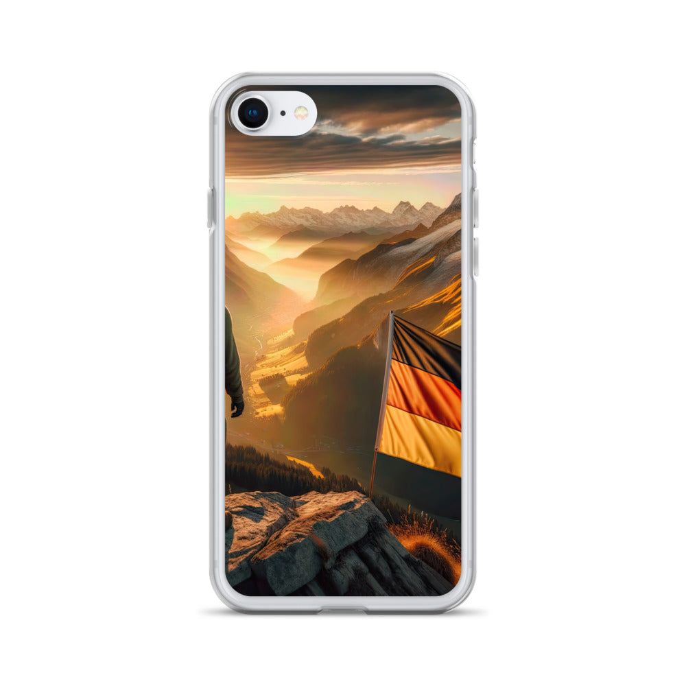 Foto der Alpen bei Sonnenuntergang mit deutscher Flagge und Wanderer, goldenes Licht auf Schneegipfeln - iPhone Schutzhülle (durchsichtig) berge xxx yyy zzz iPhone 7 8