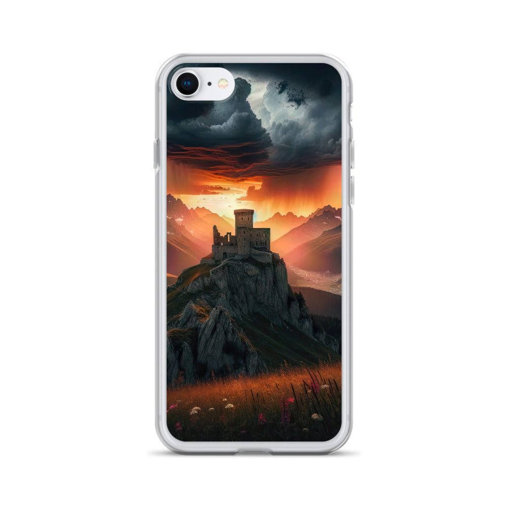 Foto einer Alpenburg bei stürmischem Sonnenuntergang, dramatische Wolken und Sonnenstrahlen - iPhone Schutzhülle (durchsichtig) berge xxx yyy zzz iPhone 7 8