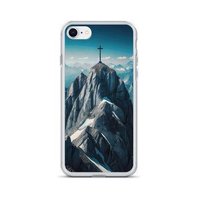 Foto der Alpen mit Gipfelkreuz an einem klaren Tag, schneebedeckte Spitzen vor blauem Himmel - iPhone Schutzhülle (durchsichtig) berge xxx yyy zzz iPhone 7/8