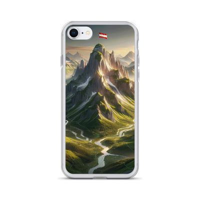 Fotorealistisches Bild der Alpen mit österreichischer Flagge, scharfen Gipfeln und grünen Tälern - iPhone Schutzhülle (durchsichtig) berge xxx yyy zzz iPhone 7/8