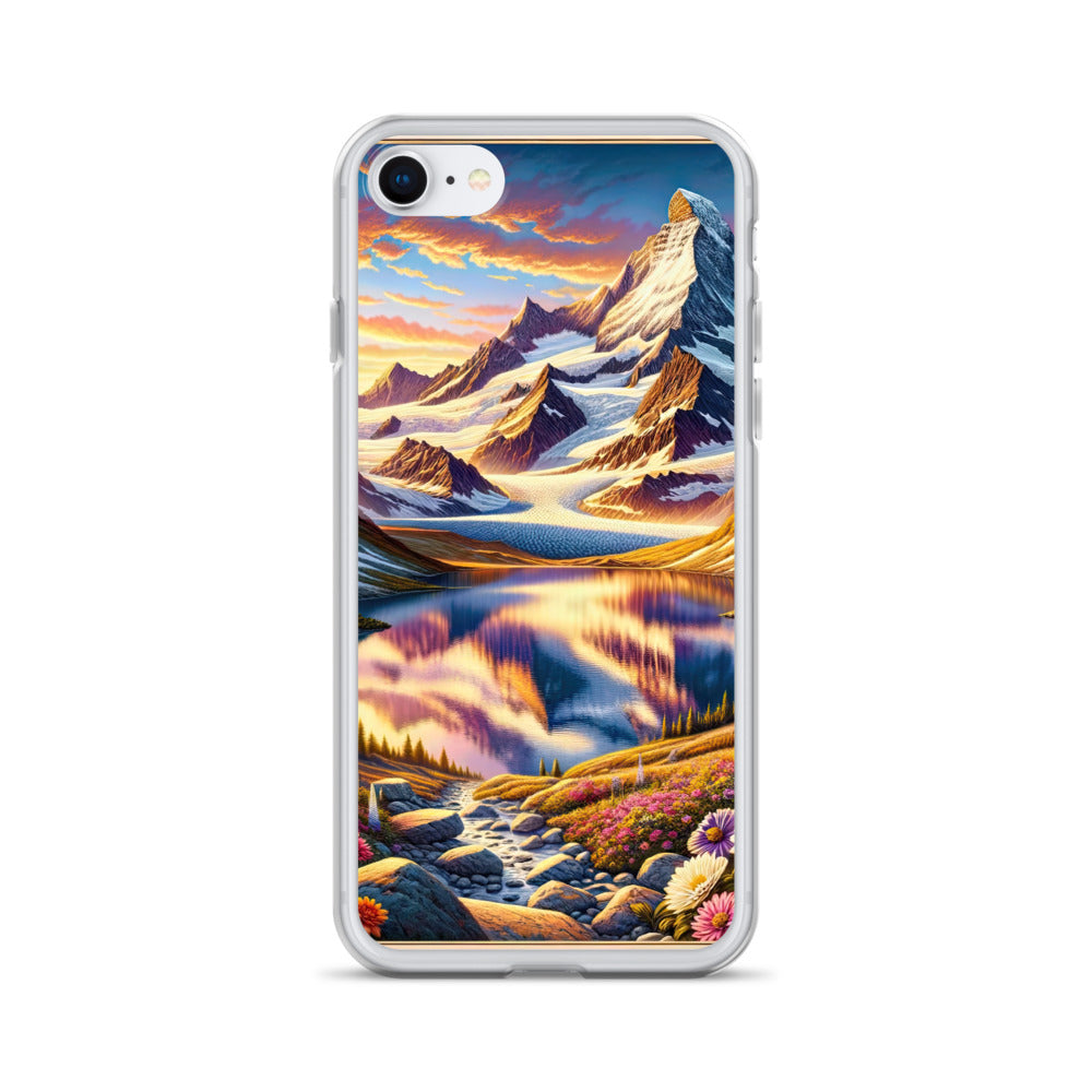 Quadratische Illustration der Alpen mit schneebedeckten Gipfeln und Wildblumen - iPhone Schutzhülle (durchsichtig) berge xxx yyy zzz iPhone 7 8