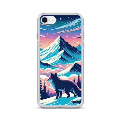 Vektorgrafik eines alpinen Winterwunderlandes mit schneebedeckten Kiefern und einem Fuchs - iPhone Schutzhülle (durchsichtig) camping xxx yyy zzz iPhone 7/8