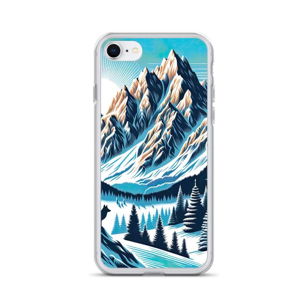 Vektorgrafik eines Wolfes im winterlichen Alpenmorgen, Berge mit Schnee- und Felsmustern - iPhone Schutzhülle (durchsichtig) berge xxx yyy zzz iPhone 7 8