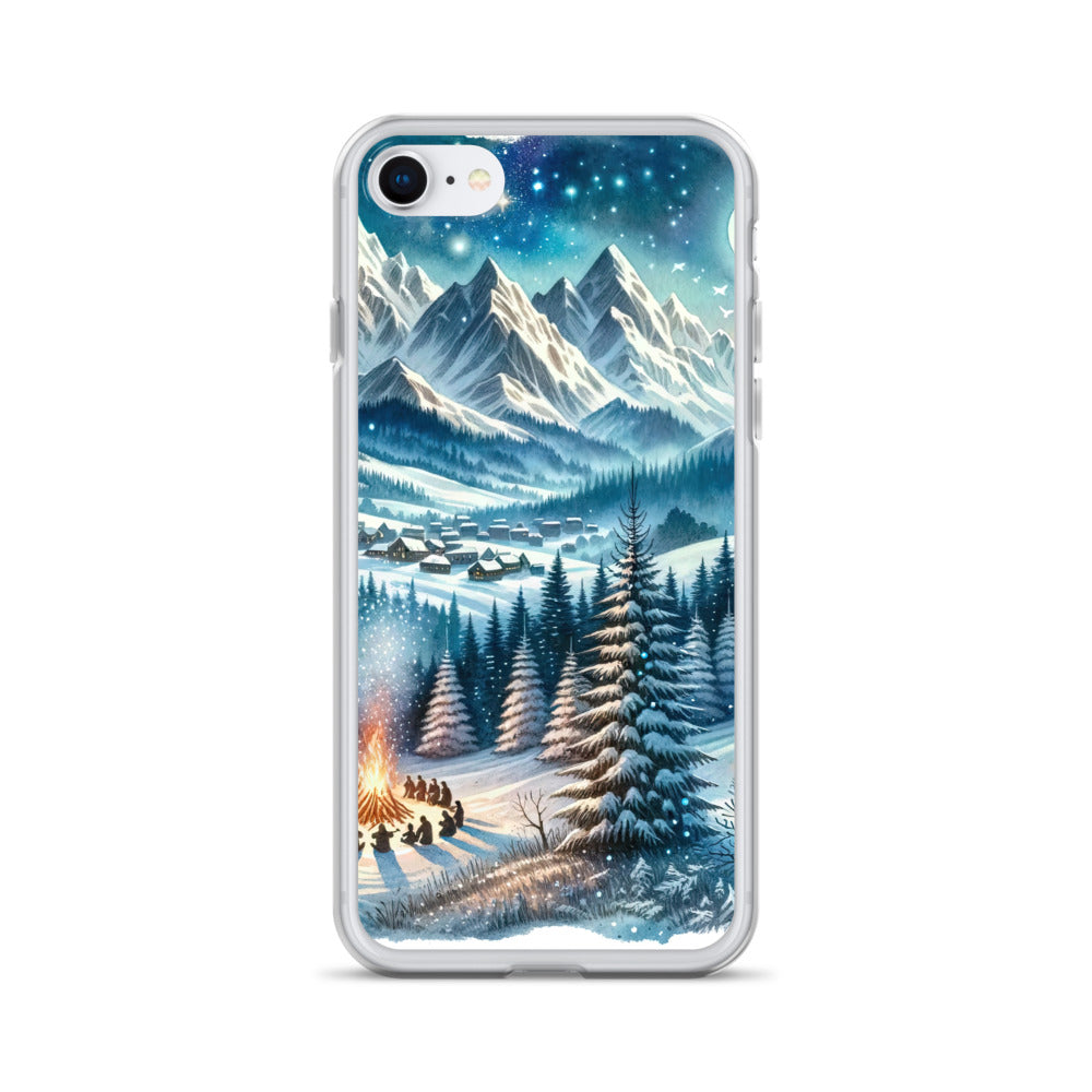 Aquarell eines Winterabends in den Alpen mit Lagerfeuer und Wanderern, glitzernder Neuschnee - iPhone Schutzhülle (durchsichtig) camping xxx yyy zzz iPhone 7 8