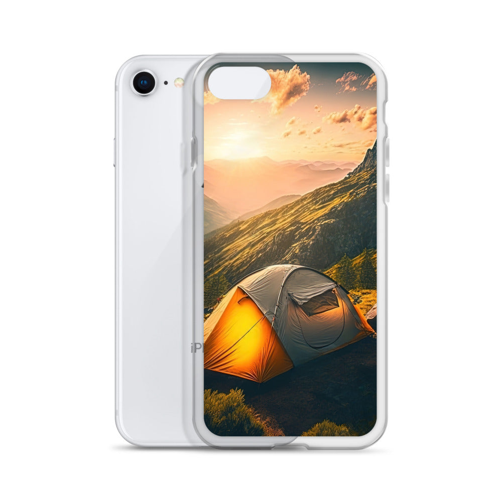 Zelt auf Berg im Sonnenaufgang - Landschafts - iPhone Schutzhülle (durchsichtig) camping xxx