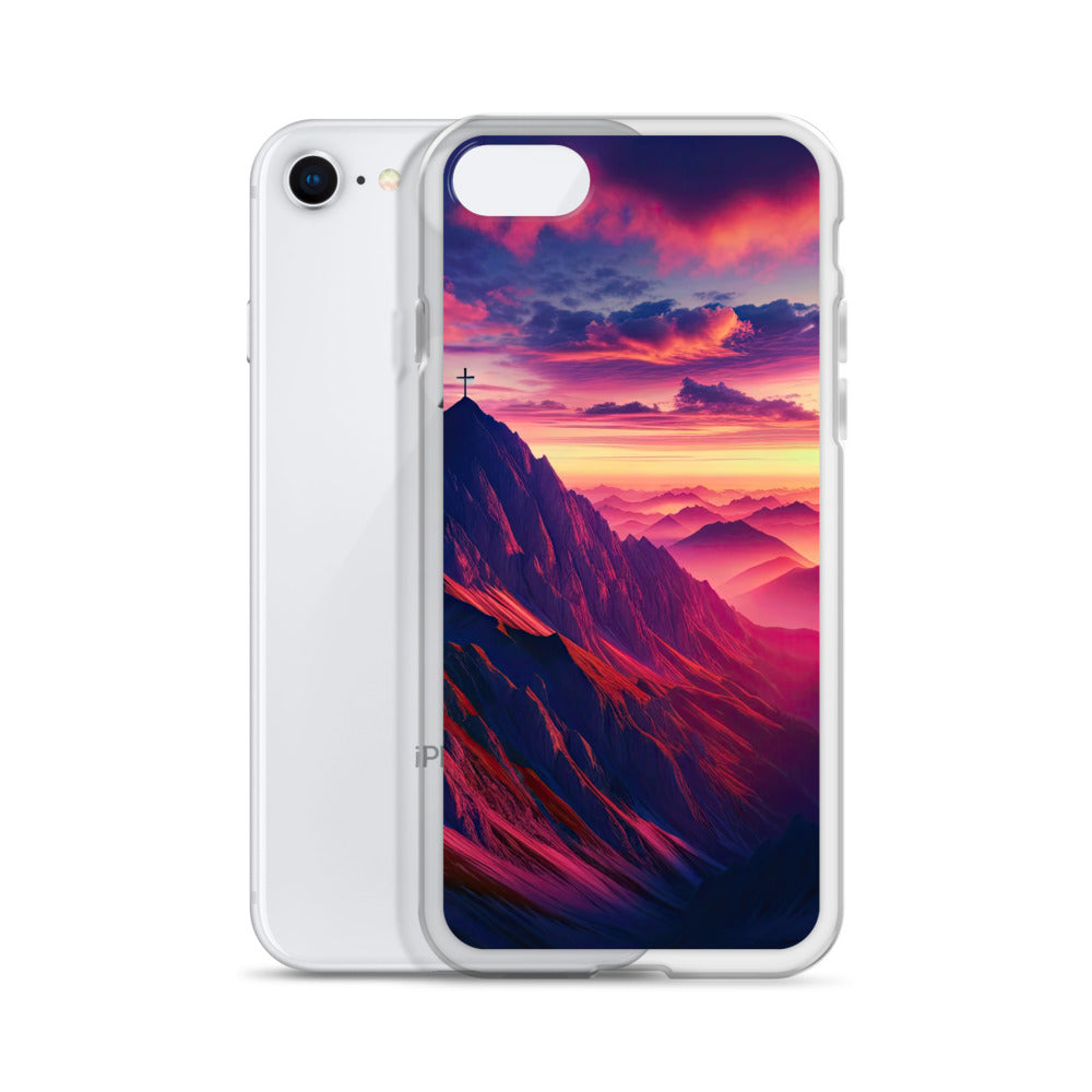 Dramatischer Alpen-Sonnenaufgang, Gipfelkreuz und warme Himmelsfarben - iPhone Schutzhülle (durchsichtig) berge xxx yyy zzz