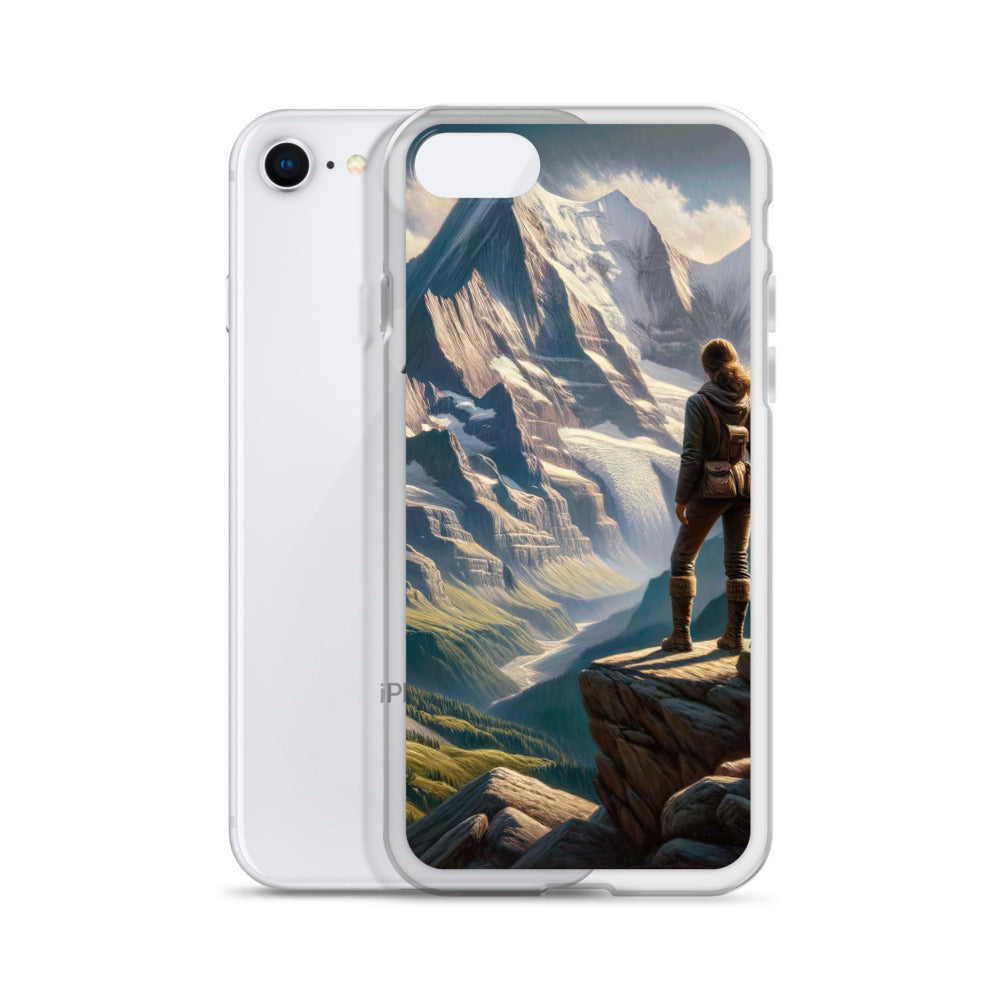 Ölgemälde der Alpengipfel mit Schweizer Abenteurerin auf Felsvorsprung - iPhone Schutzhülle (durchsichtig) wandern xxx yyy zzz