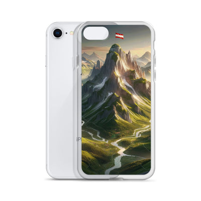 Fotorealistisches Bild der Alpen mit österreichischer Flagge, scharfen Gipfeln und grünen Tälern - iPhone Schutzhülle (durchsichtig) berge xxx yyy zzz