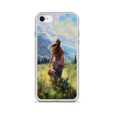 Frau mit langen Kleid im Feld mit Blumen - Berge im Hintergrund - Malerei - iPhone Schutzhülle (durchsichtig) berge xxx iPhone SE