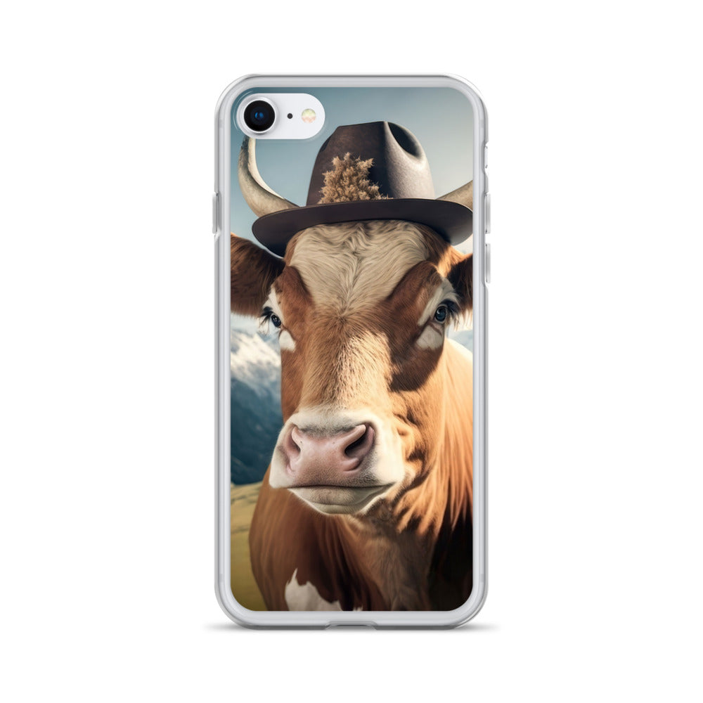 Kuh mit Hut in den Alpen - Berge im Hintergrund - Landschaftsmalerei - iPhone Schutzhülle (durchsichtig) berge xxx iPhone SE