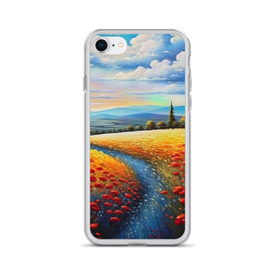 Feld mit roten Blumen und Berglandschaft - Landschaftsmalerei - iPhone Schutzhülle (durchsichtig) berge xxx iPhone SE