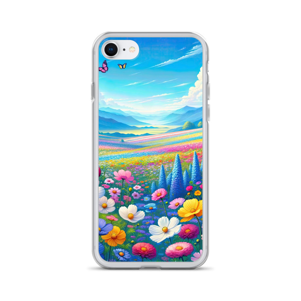 Weitläufiges Blumenfeld unter himmelblauem Himmel, leuchtende Flora - iPhone Schutzhülle (durchsichtig) camping xxx yyy zzz iPhone SE