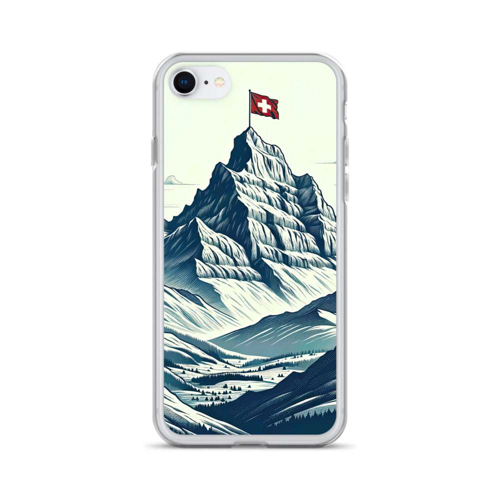 Ausgedehnte Bergkette mit dominierendem Gipfel und wehender Schweizer Flagge - iPhone Schutzhülle (durchsichtig) berge xxx yyy zzz iPhone SE