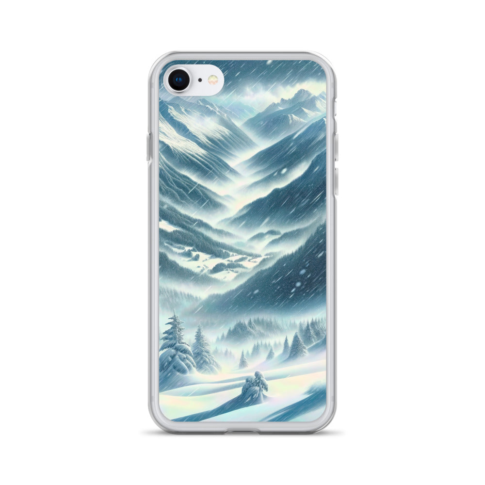 Alpine Wildnis im Wintersturm mit Skifahrer, verschneite Landschaft - iPhone Schutzhülle (durchsichtig) klettern ski xxx yyy zzz iPhone SE