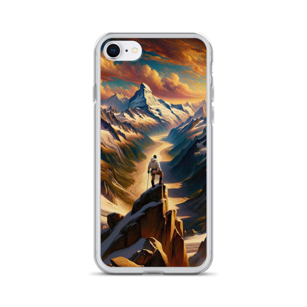 Ölgemälde eines Wanderers auf einem Hügel mit Panoramablick auf schneebedeckte Alpen und goldenen Himmel - iPhone Schutzhülle (durchsichtig) wandern xxx yyy zzz iPhone SE