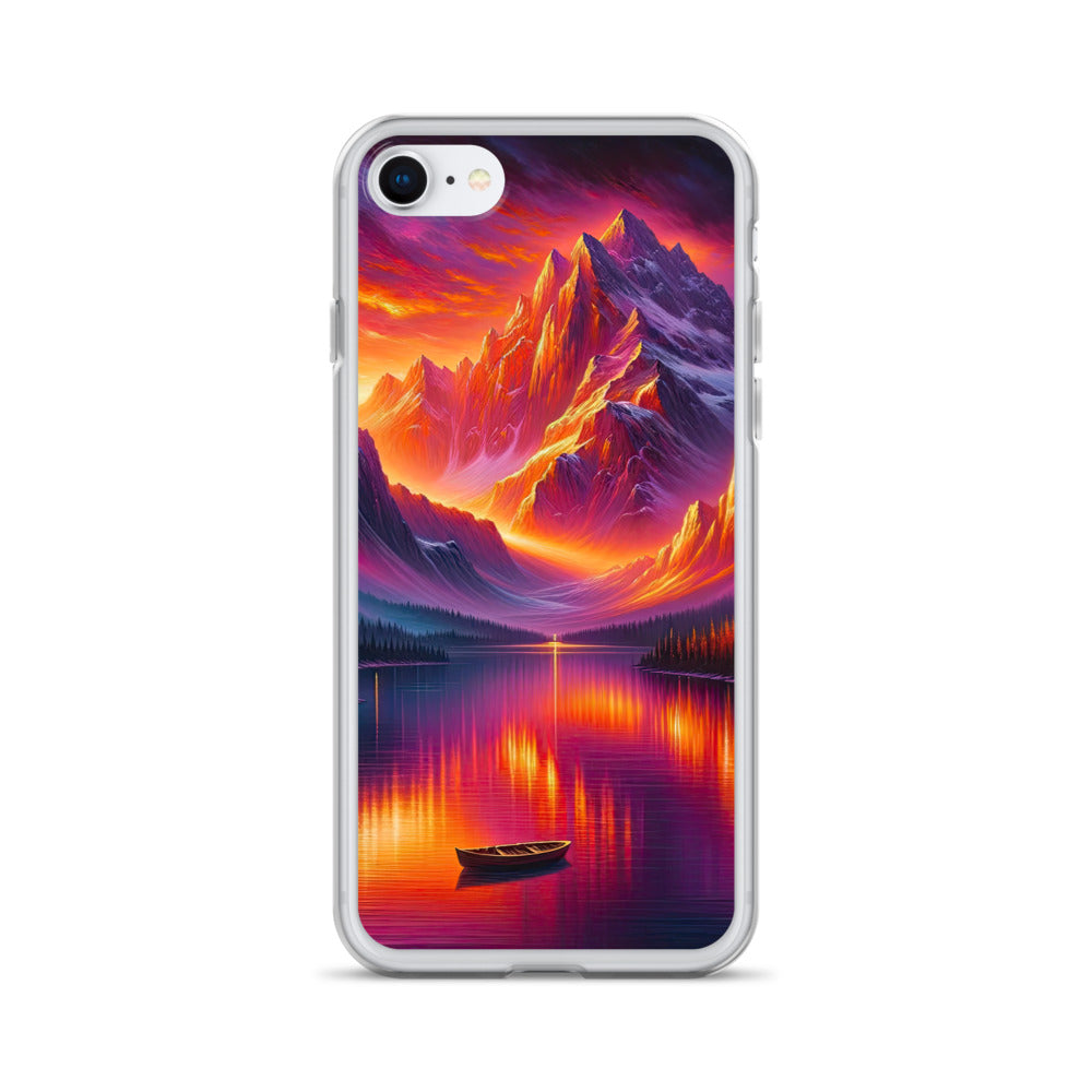 Ölgemälde eines Bootes auf einem Bergsee bei Sonnenuntergang, lebendige Orange-Lila Töne - iPhone Schutzhülle (durchsichtig) berge xxx yyy zzz iPhone SE