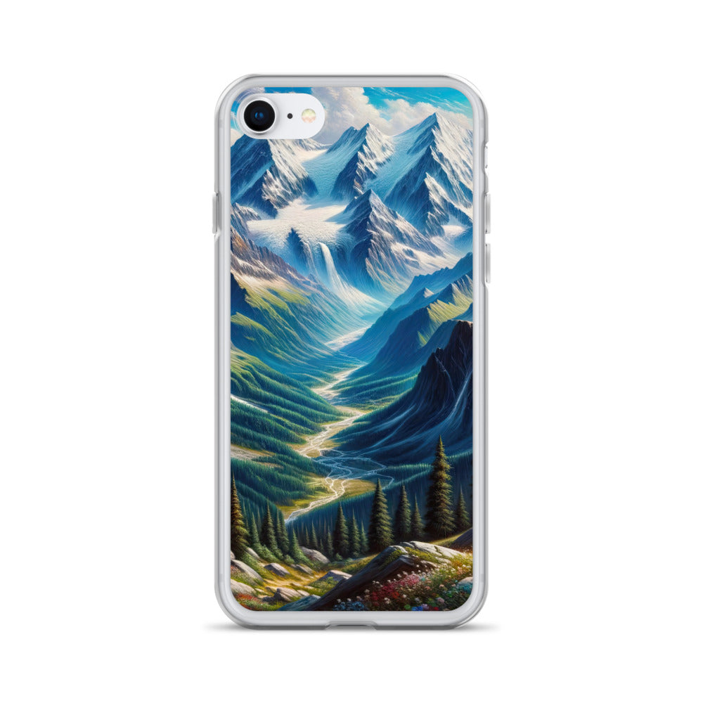 Panorama-Ölgemälde der Alpen mit schneebedeckten Gipfeln und schlängelnden Flusstälern - iPhone Schutzhülle (durchsichtig) berge xxx yyy zzz iPhone SE