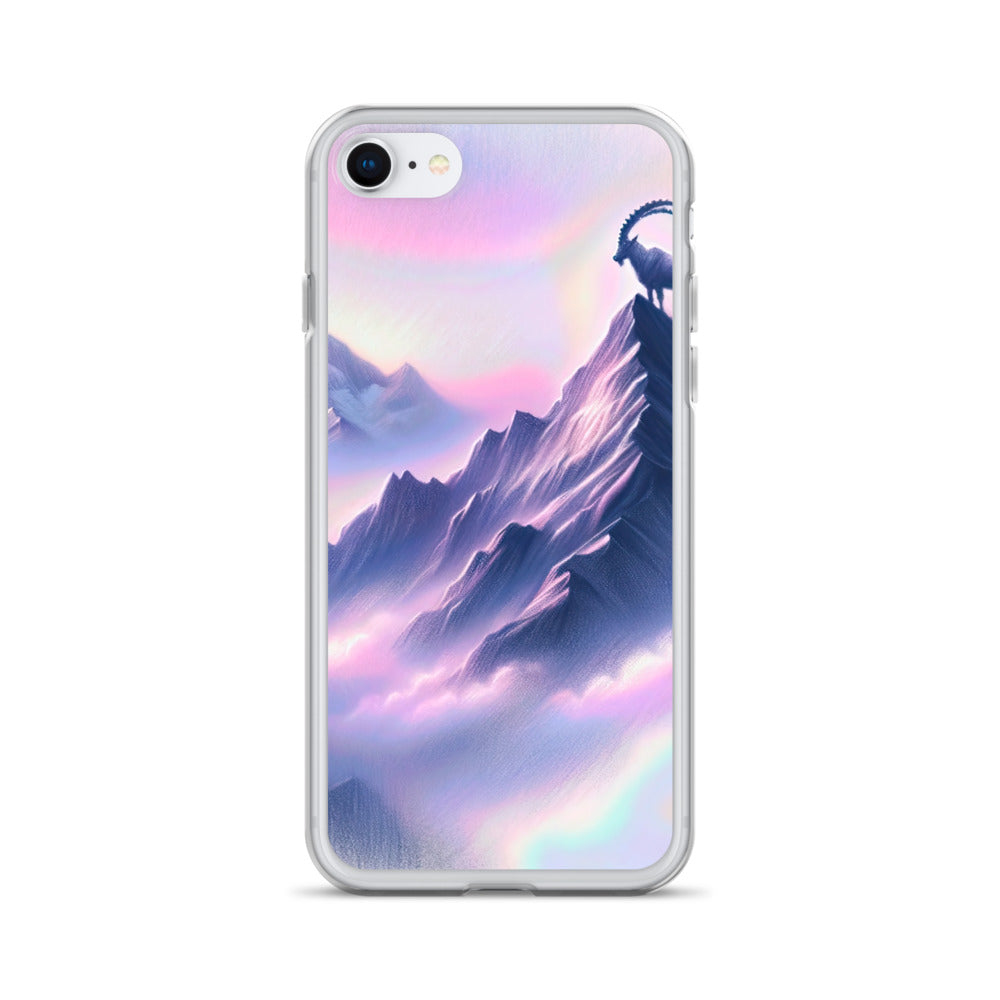 Pastellzeichnung der Alpen im Morgengrauen mit Steinbock in Rosa- und Lavendeltönen - iPhone Schutzhülle (durchsichtig) berge xxx yyy zzz iPhone SE