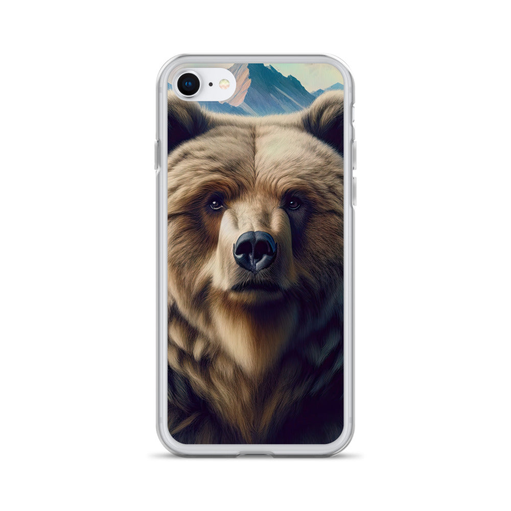 Foto eines Bären vor abstrakt gemalten Alpenbergen, Oberkörper im Fokus - iPhone Schutzhülle (durchsichtig) camping xxx yyy zzz iPhone SE