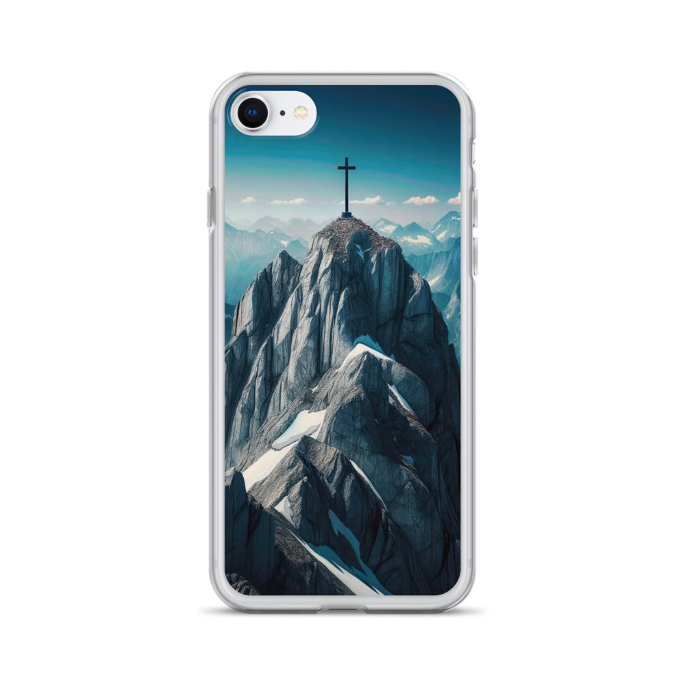 Foto der Alpen mit Gipfelkreuz an einem klaren Tag, schneebedeckte Spitzen vor blauem Himmel - iPhone Schutzhülle (durchsichtig) berge xxx yyy zzz iPhone SE