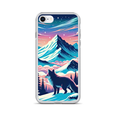Vektorgrafik eines alpinen Winterwunderlandes mit schneebedeckten Kiefern und einem Fuchs - iPhone Schutzhülle (durchsichtig) camping xxx yyy zzz iPhone SE