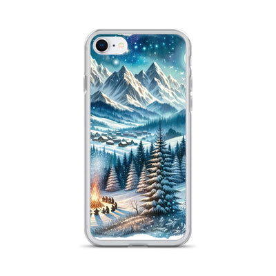 Aquarell eines Winterabends in den Alpen mit Lagerfeuer und Wanderern, glitzernder Neuschnee - iPhone Schutzhülle (durchsichtig) camping xxx yyy zzz iPhone SE