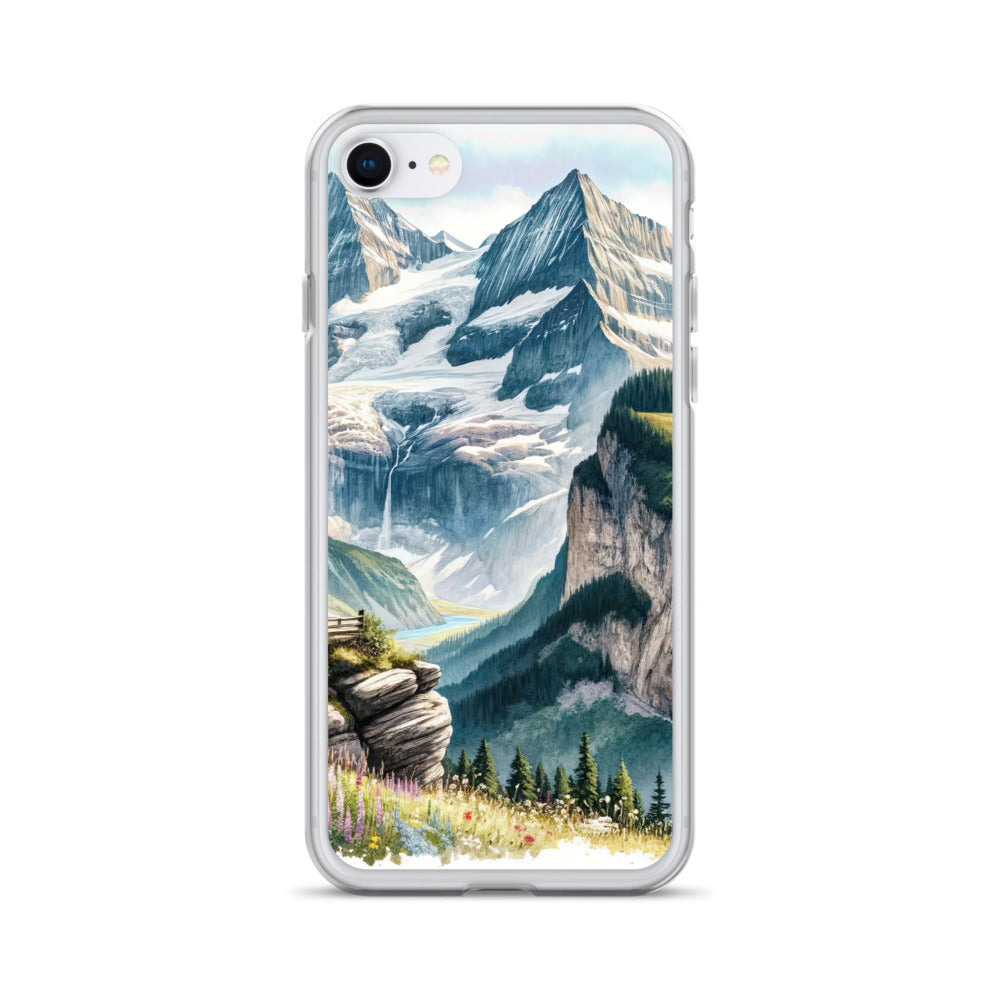 Aquarell-Panoramablick der Alpen mit schneebedeckten Gipfeln, Wasserfällen und Wanderern - iPhone Schutzhülle (durchsichtig) wandern xxx yyy zzz iPhone SE