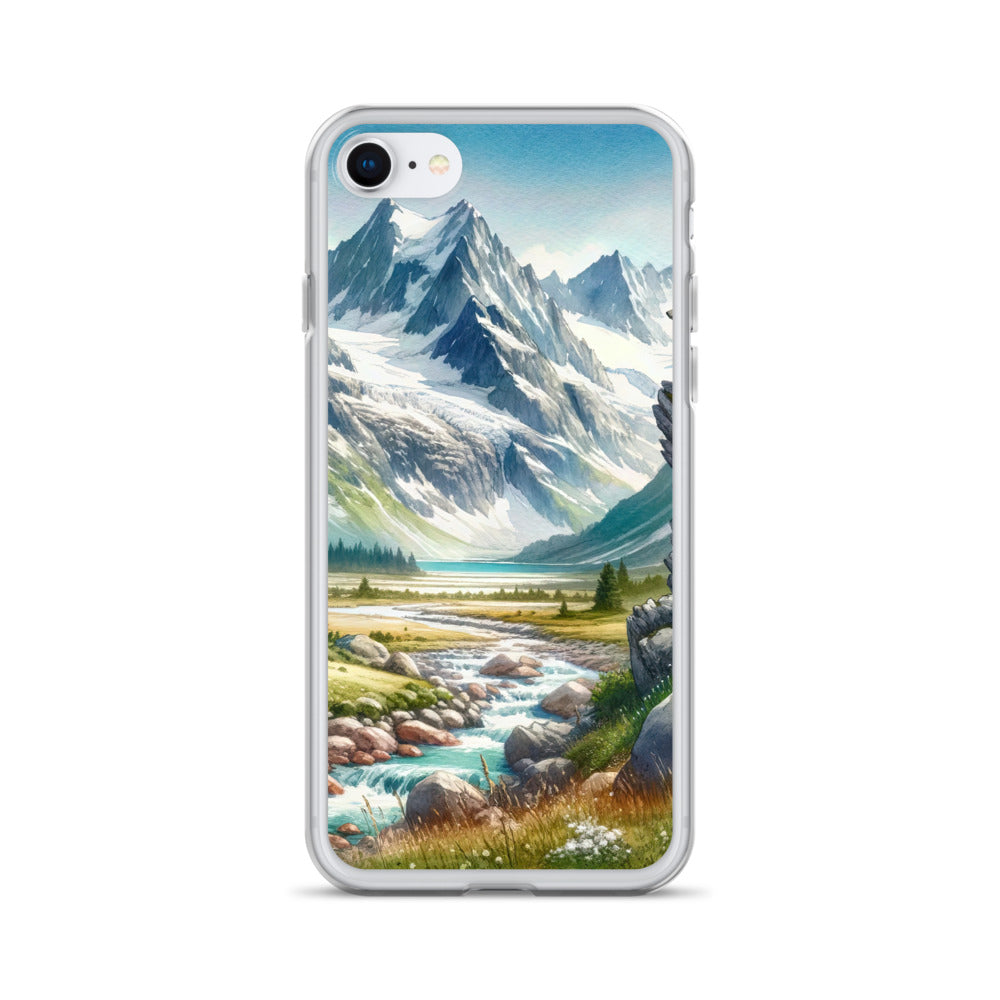 Aquarellmalerei eines Bären und der sommerlichen Alpenschönheit mit schneebedeckten Ketten - iPhone Schutzhülle (durchsichtig) camping xxx yyy zzz iPhone SE