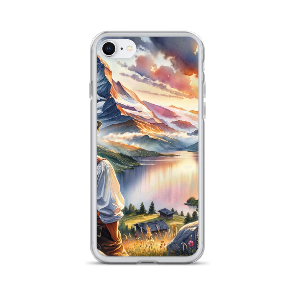 Aquarell einer Berglandschaft in der goldenen Stunde mit österreichischem Wanderer - iPhone Schutzhülle (durchsichtig) wandern xxx yyy zzz iPhone SE
