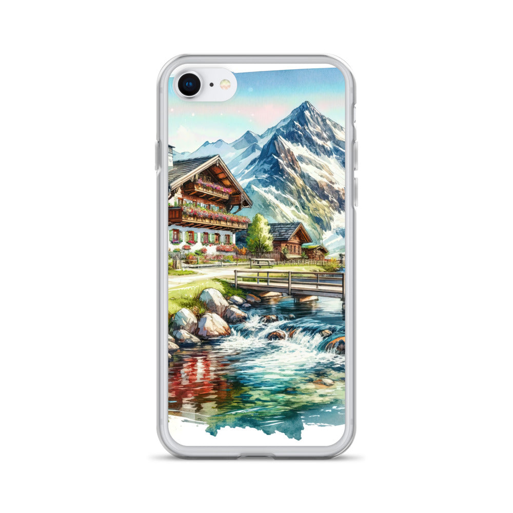 Aquarell der frühlingshaften Alpenkette mit österreichischer Flagge und schmelzendem Schnee - iPhone Schutzhülle (durchsichtig) berge xxx yyy zzz iPhone SE
