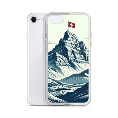 Ausgedehnte Bergkette mit dominierendem Gipfel und wehender Schweizer Flagge - iPhone Schutzhülle (durchsichtig) berge xxx yyy zzz