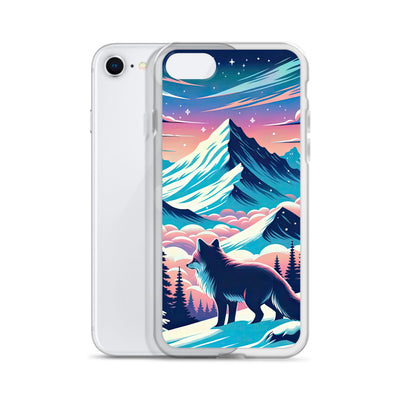 Vektorgrafik eines alpinen Winterwunderlandes mit schneebedeckten Kiefern und einem Fuchs - iPhone Schutzhülle (durchsichtig) camping xxx yyy zzz