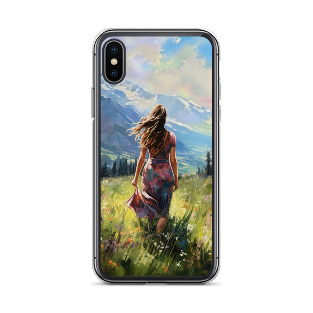 Frau mit langen Kleid im Feld mit Blumen - Berge im Hintergrund - Malerei - iPhone Schutzhülle (durchsichtig) berge xxx iPhone X XS