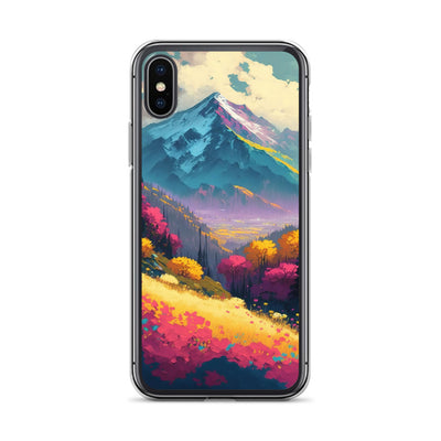 Berge, pinke und gelbe Bäume, sowie Blumen - Farbige Malerei - iPhone Schutzhülle (durchsichtig) berge xxx iPhone X/XS