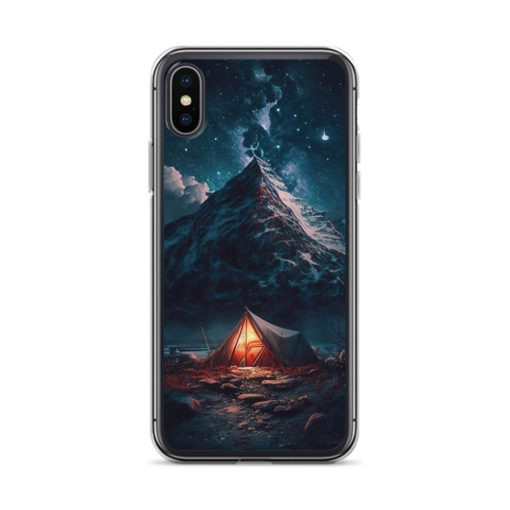 Zelt und Berg in der Nacht - Sterne am Himmel - Landschaftsmalerei - iPhone Schutzhülle (durchsichtig) camping xxx iPhone X XS