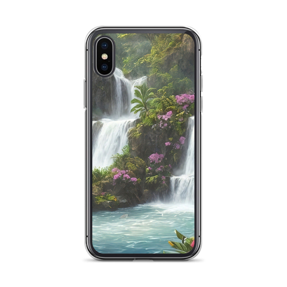 Wasserfall im Wald und Blumen - Schöne Malerei - iPhone Schutzhülle (durchsichtig) camping xxx iPhone X XS