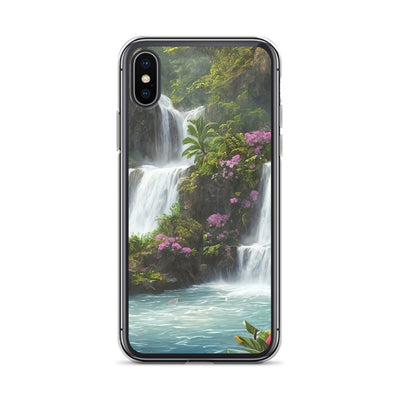 Wasserfall im Wald und Blumen - Schöne Malerei - iPhone Schutzhülle (durchsichtig) camping xxx iPhone X/XS