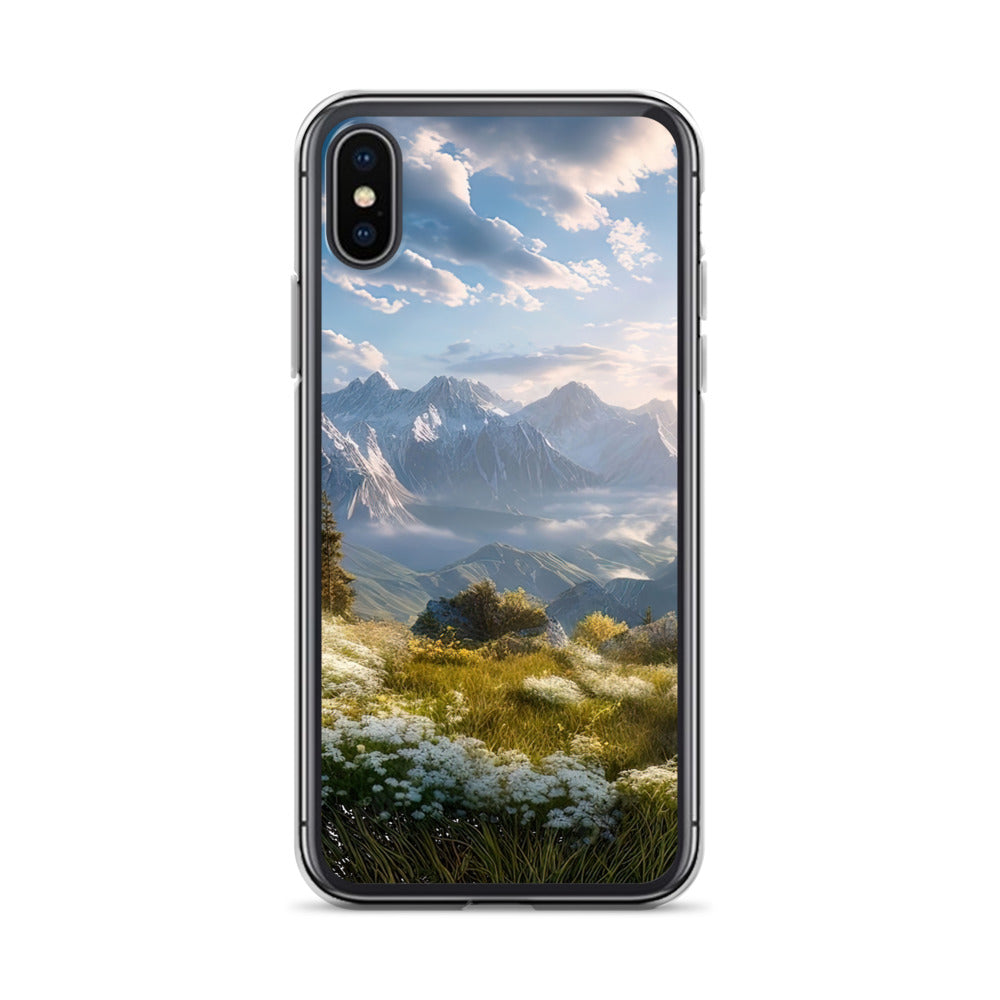 Berglandschaft mit Sonnenschein, Blumen und Bäumen - Malerei - iPhone Schutzhülle (durchsichtig) berge xxx iPhone X XS