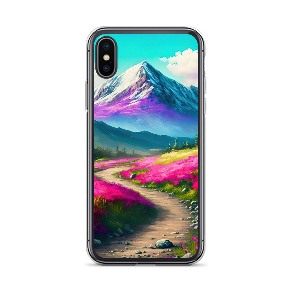 Berg, pinke Blumen und Wanderweg - Landschaftsmalerei - iPhone Schutzhülle (durchsichtig) berge xxx iPhone X/XS