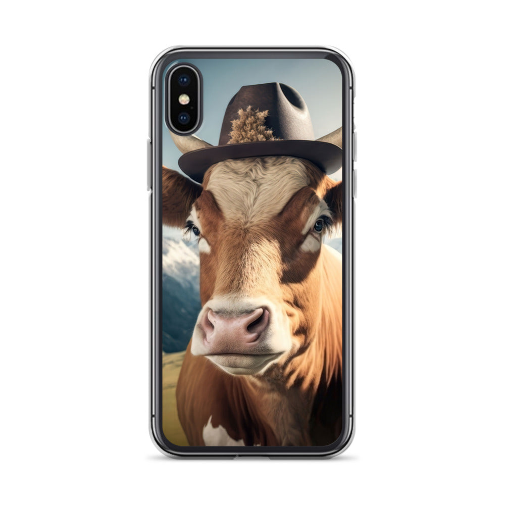 Kuh mit Hut in den Alpen - Berge im Hintergrund - Landschaftsmalerei - iPhone Schutzhülle (durchsichtig) berge xxx iPhone X XS