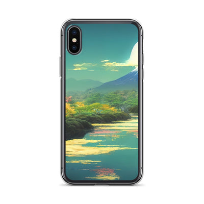 Berg, See und Wald mit pinken Bäumen - Landschaftsmalerei - iPhone Schutzhülle (durchsichtig) berge xxx iPhone X XS