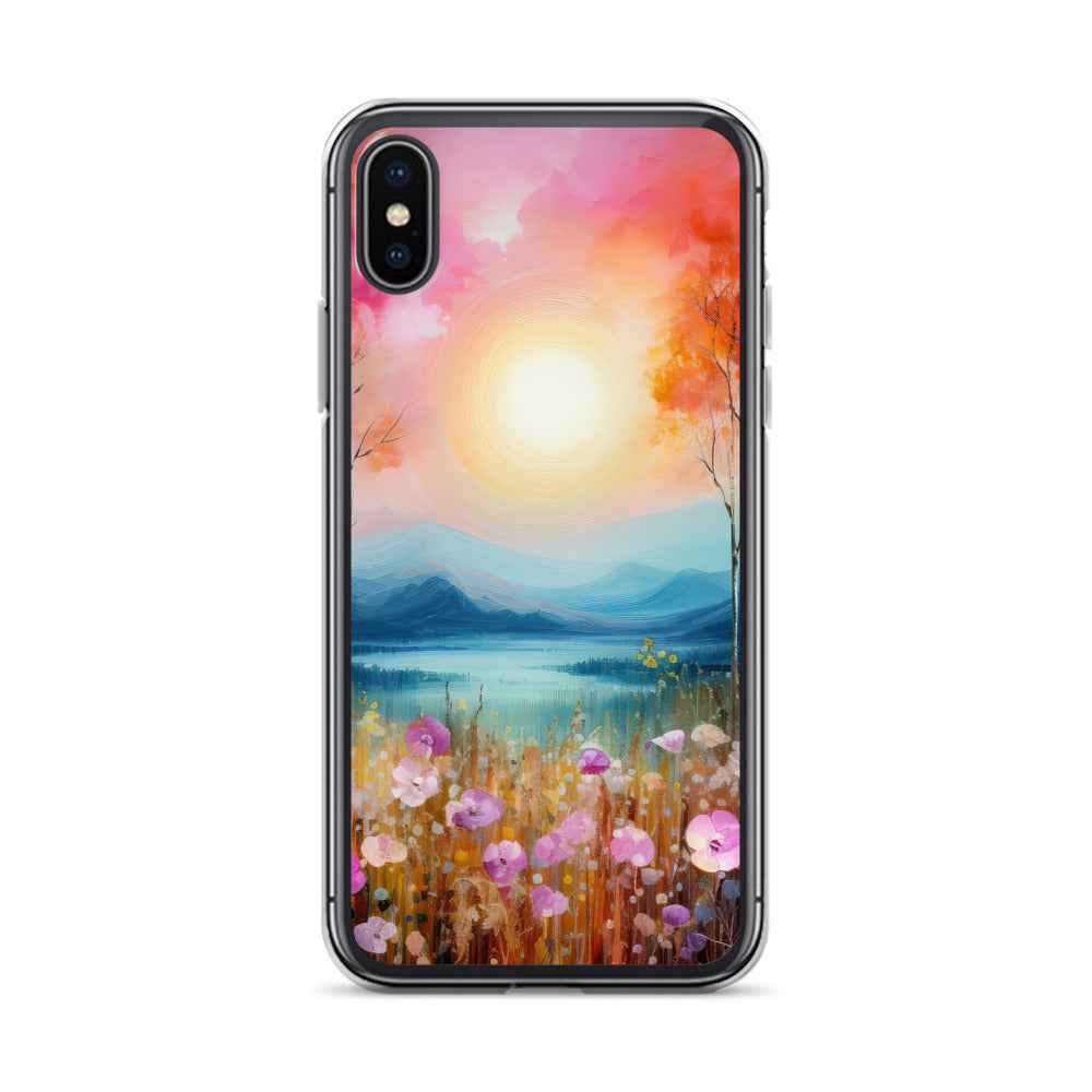 Berge, See, pinke Bäume und Blumen - Malerei - iPhone Schutzhülle (durchsichtig) berge xxx iPhone X XS